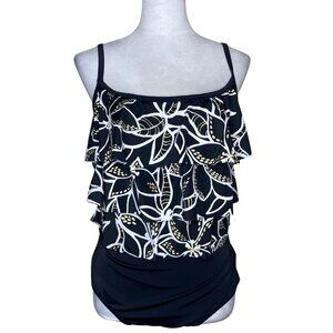 Rose Marie Reid Black White Floral Triple Ruffle One-Piece Swimsuit Size 14